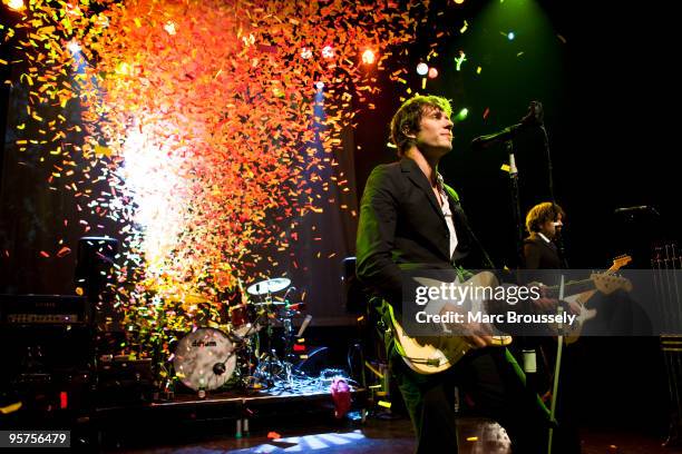 Damian Kulash and Andy Ross of OK Go perform on stage at Shepherds Bush Empire on January 13, 2010 in London, England.