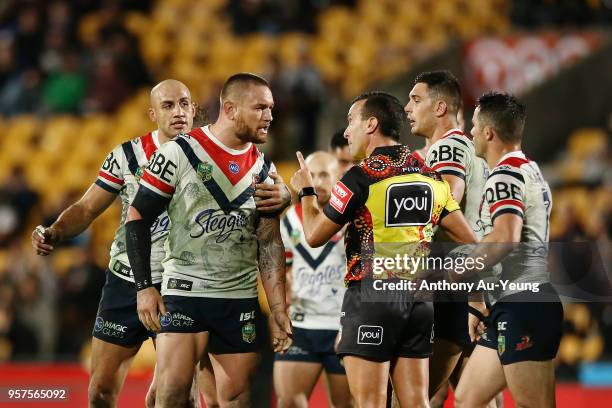 Jared Waerea-Hargreaves of the Roosters is sent off by the Referee during the round 10 NRL match between the New Zealand Warriors and the Sydney...