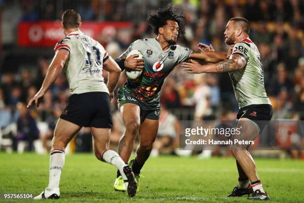 James Gavet charges forward during the round 10 NRL match between the New Zealand Warriors and the Sydney Roosters at Mt Smart Stadium on May 12,...