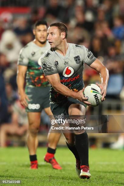 Blake Green of the Warriors looks to pass the ball during the round 10 NRL match between the New Zealand Warriors and the Sydney Roosters at Mt Smart...