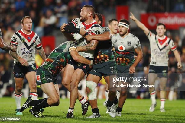 Jared Waerea-Hargreaves of the Roosters charges forward during the round 10 NRL match between the New Zealand Warriors and the Sydney Roosters at Mt...