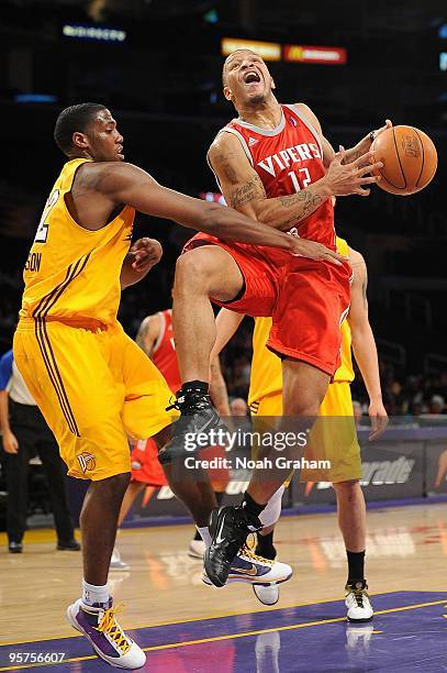 Will Conroy of the Rio Grande Valley Vipers goes to the basket against Frank Robinson of the Los Angeles D-Fenders during the D-League game on...