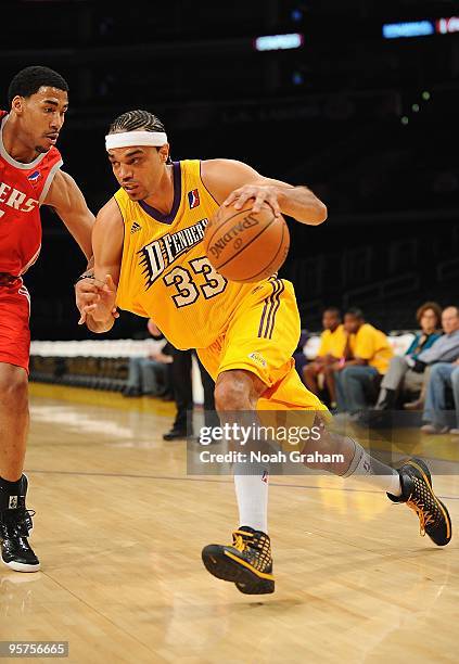 Ryan Forehan-Kelly of the Los Angeles D-Fenders drives against the Rio Grande Valley Vipers during the D-League game on January 3, 2010 at Staples...