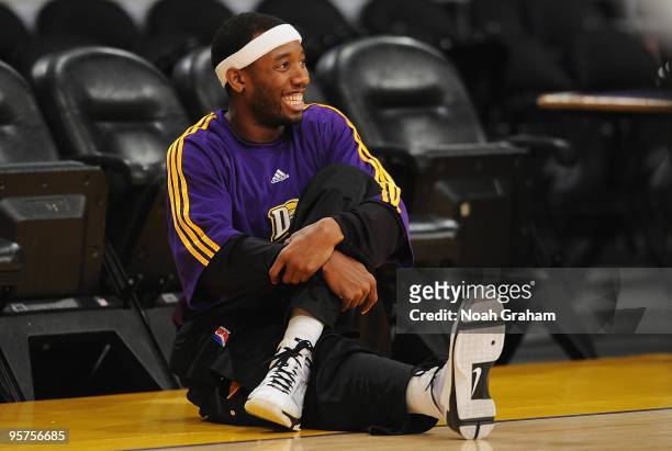 Lawrence McKenzie of the Los Angeles D-Fenders smiles while stretching before the D-League game against the Rio Grande Valley Vipers on January 3,...