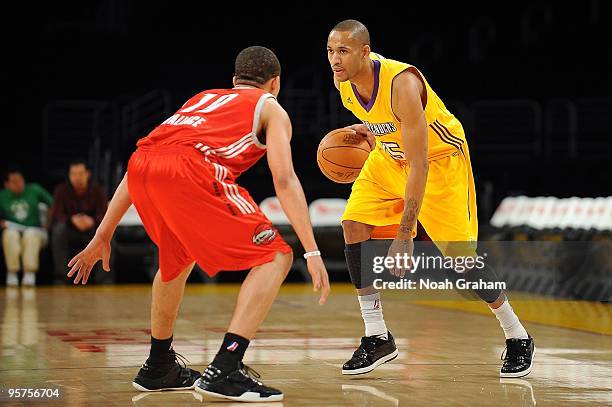 Gabe Pruitt of the Los Angeles D-Fenders handles the ball against Jonathan Wallace of the Rio Grande Valley Vipers during the D-League game on...