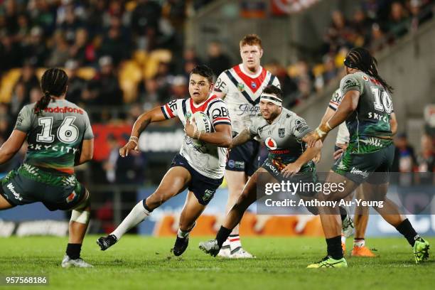 Latrell Mitchell of the Roosters makes a run during the round 10 NRL match between the New Zealand Warriors and the Sydney Roosters at Mt Smart...