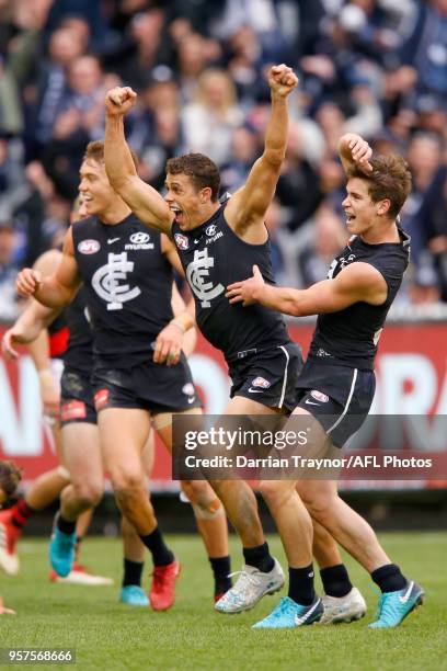 Ed Curnow of the Blues celebrates a goal during the round eight AFL match between the Carlton Blues and the Essendon Bombers at Melbourne Cricket...