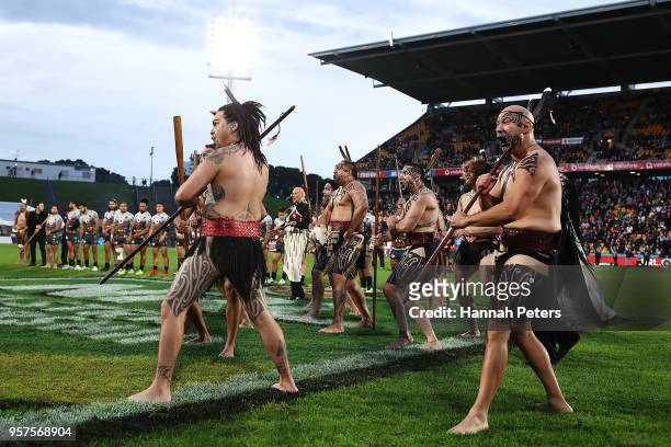 Haka is performed ahead of the round 10 NRL match between the New Zealand Warriors and the Sydney Roosters at Mt Smart Stadium on May 12, 2018 in...