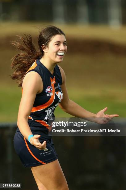 Georgia Patrikios of the Calder Cannons celebrates a goal during the TAC Cup round six match between the Calder Cannons and Eastern Ranges at RAMS...
