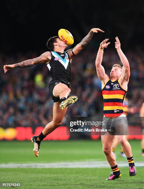 Chad Wingard of Port Adelaide Rory Laird of the Adelaide Crows during the round eight AFL match between the Port Adelaide Power and the Adelaide...