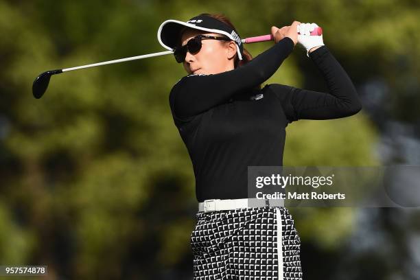 Chie Arimura of Japan plays her second shot on the 1st hole during the second round of the Hoken No Madoguchi Ladies at the Fukuoka Country Club on...