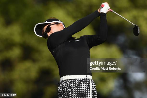 Chie Arimura of Japan plays her second shot on the 1st hole during the second round of the Hoken No Madoguchi Ladies at the Fukuoka Country Club on...