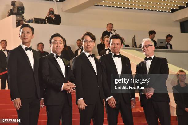 Actor Jung-min Hwang, director Jong-bin Yoon, actor Sung-min Lee and actor Ji-Hoon Ju and Thierry Fremaux attend the screening of'The Spy Gone North...