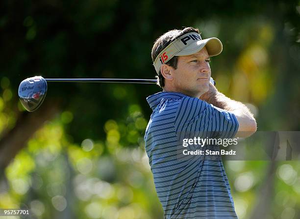 Mark Wilson hits a drive from the first tee box during the Pro-Am round for the Sony Open in Hawaii held at Waialae Country Club on January 13, 2010...