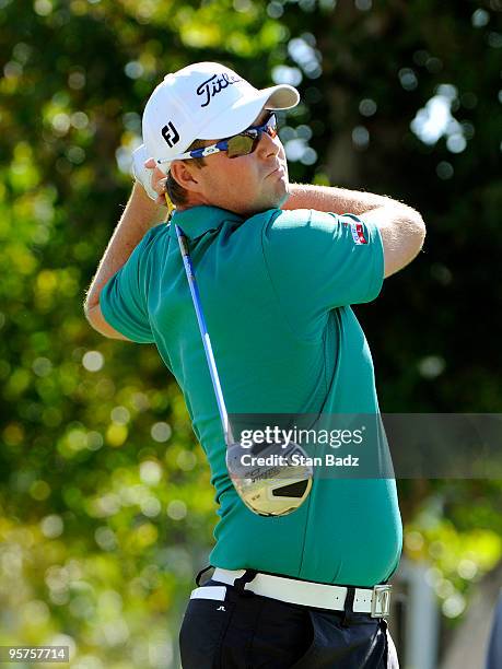 Marc Leishman hits a drive from the first tee box during the Pro-Am round for the Sony Open in Hawaii held at Waialae Country Club on January 13,...