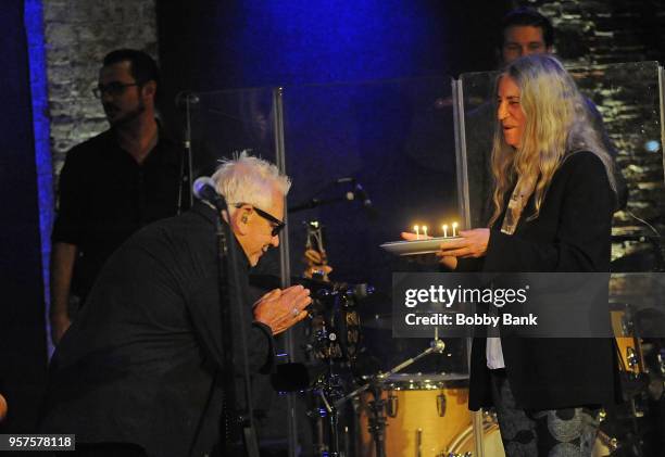 Singer Patti Smith surprises Eric Burdon for his 77th birthday with a birthday cake at the Eric Burdon & The Animals Birthday Bash at City Winery on...