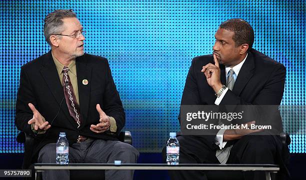 Filmmaker Jonathan Demme and talk show host Tavis Smiley of the television show "Tavis Smiley Reports" speak during the PBS portion of the 2010...