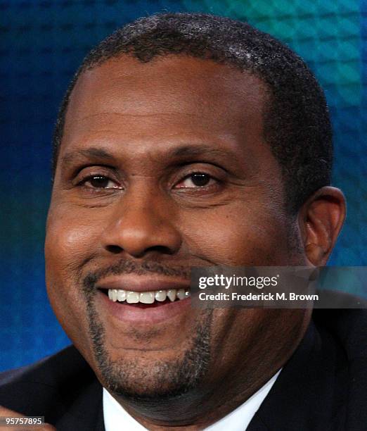 Host Tavis Smiley of the television show "Tavis Smiley Reports" speaks during the PBS portion of the 2010 Television Critics Association Press Tour...