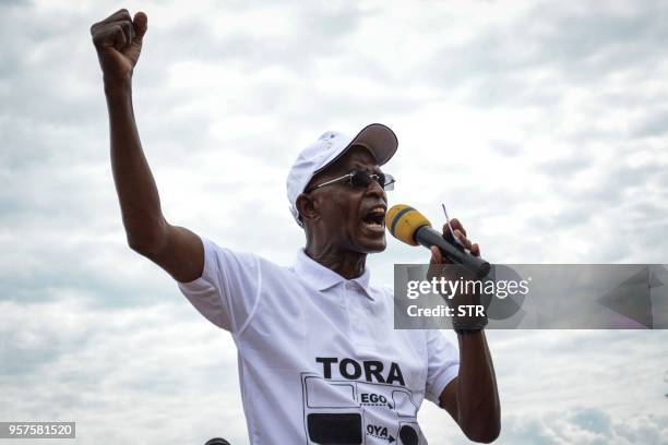 Burundi's former first vice-president Yves Sahinguvu speaks during the opposition's campaign against the referendum for the constitutional ammendment...
