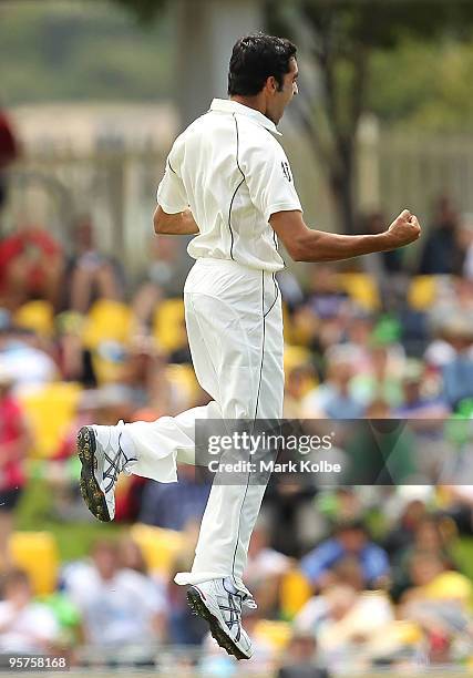 Umar Gul of Pakistan celebrates taking the wicket of Shane Watson of Australia during day one of the Third Test match between Australia and Pakistan...