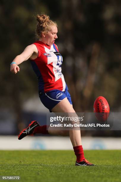 Lily Van Berkel of the Power kicks the ball during the TAC Cup round six match between the Gippsland Power and the Sandringham Dragons at RAMS Arena...