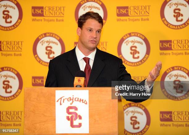 New head coach of the USC Trojans Lane Kiffin is introduced during a press conference at Heritage Hall January 13, 2010 in Los Angeles, California.