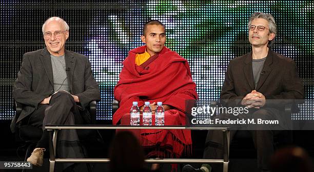 Filmmaker David Grubin, Metteyya Sakyaputta, Buddhist monk from Nepal and Mark Epstein, M.D., of he film "The Buddha" speak during the PBS portion of...