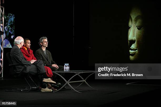 Filmmaker David Grubin, Metteyya Sakyaputta, Buddhist monk from Nepal and Mark Epstein, M.D., of he film "The Buddha" speak during the PBS portion of...