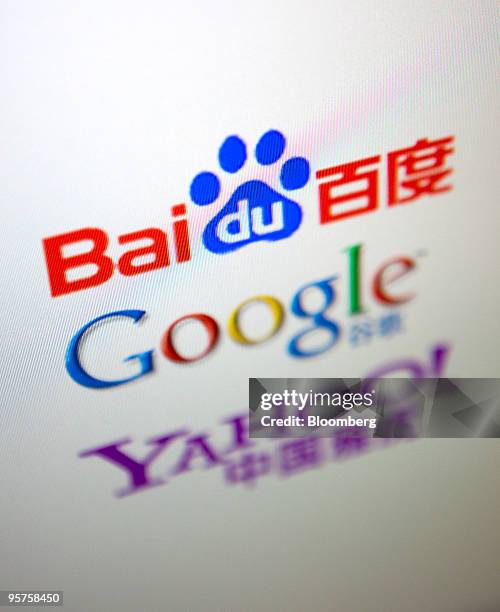 The Baidu Inc., Google Inc. And Yahoo! Inc., company logos are arranged for a photograph in Beijing, China, on Thursday, Jan. 14, 2010. China is...