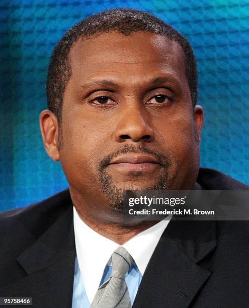 Host Tavis Smiley of the television show "Tavis Smiley Reports" speaks during the PBS portion of the 2010 Television Critics Association Press Tour...