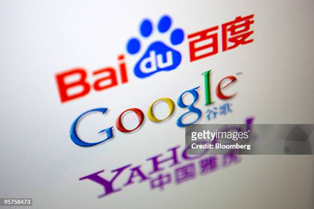The Baidu Inc., Google Inc. And Yahoo! Inc., company logos are arranged for a photograph in Beijing, China, on Thursday, Jan. 14, 2010. China is...