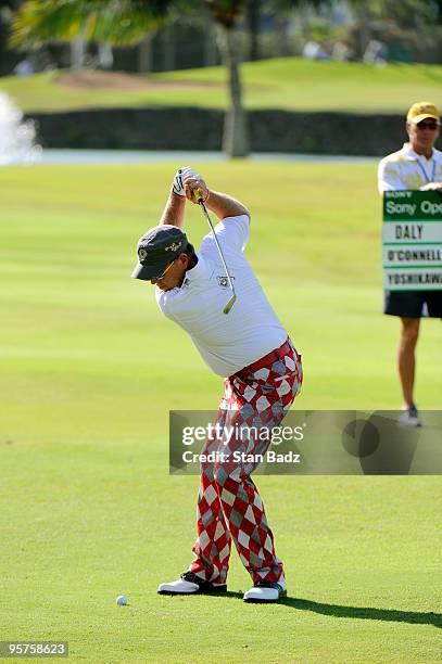 John Daly hits to the second green during the Pro-Am round for the Sony Open in Hawaii held at Waialae Country Club on January 13, 2010 in Honolulu,...