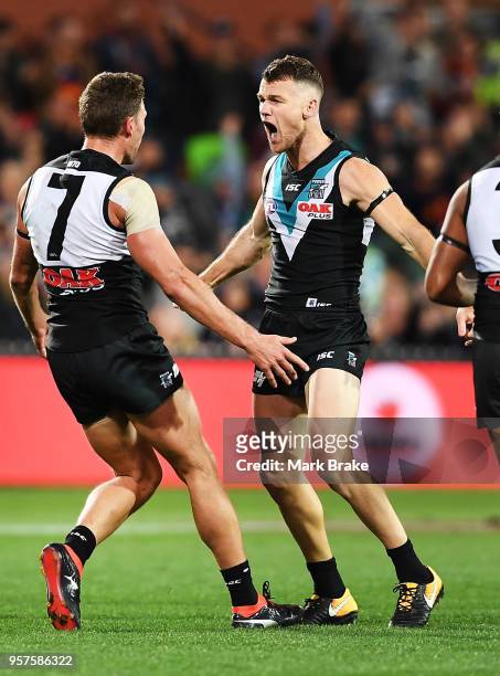 Robbie Gray of Port Adelaide celebrates a goal during the round eight AFL match between the Port Adelaide Power and the Adelaide Crows at Adelaide...