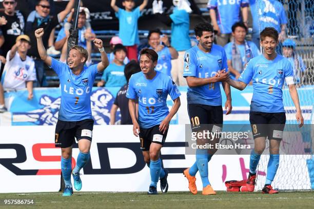 Naoki Nomura of Yokohama FC celebrates scoring his side's second goal during the J.League J2 match between Yokohama FC and Roasso Kumamoto at...