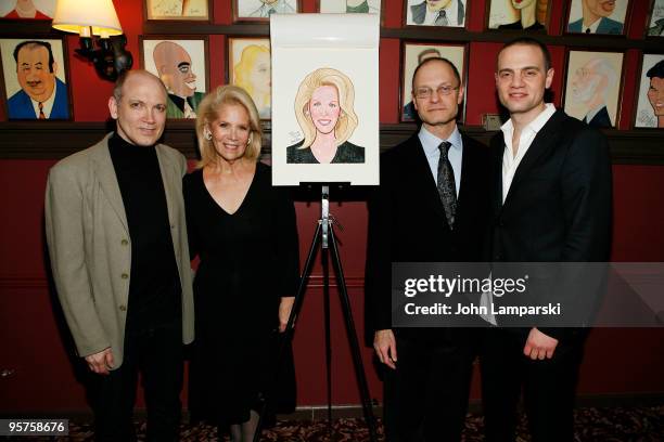 Charles Bush, Daryl Roth, Jordan Roth and David Hyde Pierce attends the unveiling of Daryl Roth's caricature at Sardi's on January 13, 2010 in New...