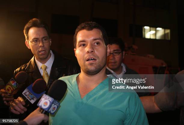 Doctor Leo Harris, a nerotraumatologist from Jackson Memorial Hospital/UM Faculty, speaks to the press after greeting several University of Miami...