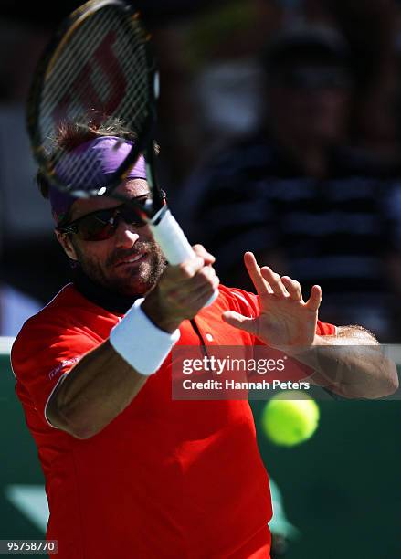 Arnaud Clement of France plays a forehand during his quarter final match against Jurgen Melzer of Austria at ASB Tennis Centre on January 14, 2010 in...
