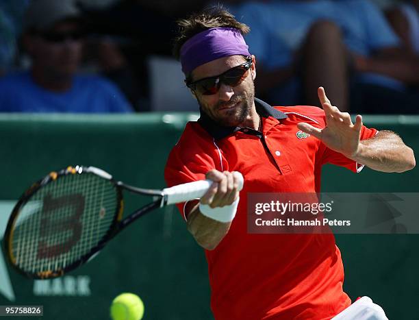 Arnaud Clement of France plays a forehand during his quarter final match against Jurgen Melzer of Austria at ASB Tennis Centre on January 14, 2010 in...