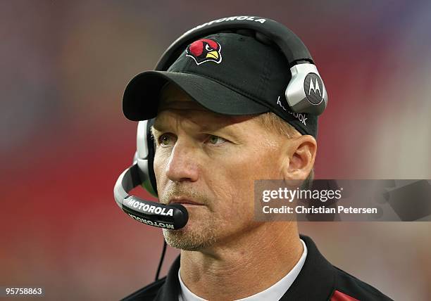 Head coach Ken Whisenhunt of the Arizona Cardinals watches from the sidelines during the 2010 NFC wild-card playoff game against the Green Bay...