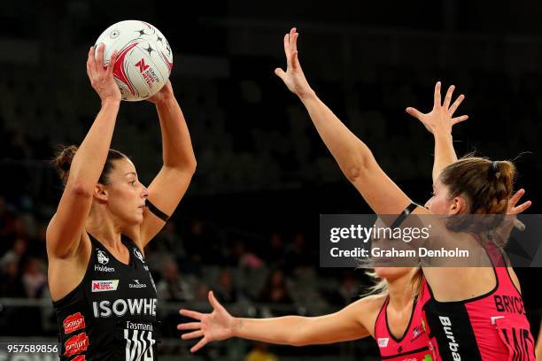 Madi Robinson of the Magpies looks to pass during the round three Super Netball match between the Magpies and the Thunderbirds at Hisense Arena on...