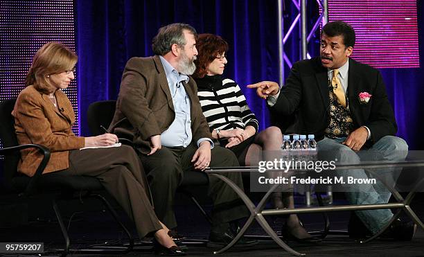 Executive producer Paula S. Apsell, Mark Sykes, director of Planetary Science Institute, producer/director Terri Randall and Neil deGrasse Tyson of...