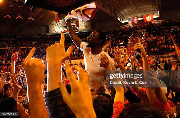 Demontez Stitt of the Clemson Tigers celebrates after their 83-64 win over the North Carolina Tar Heels at Littlejohn Coliseum on January 13, 2010 in...