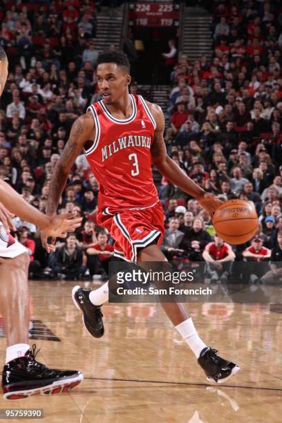 Brandon Jennings of the Milwaukee Bucks looks for an opening to the hoop during a game against the Portland Trail Blazers on January 13, 2010 at the...