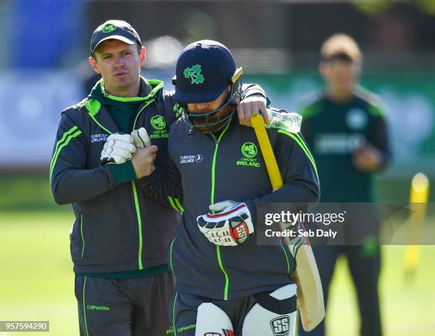 Dublin , Ireland - 12 May 2018; Ireland captain William Porterfield, left, and team-mate Paul Stirling prior to play on day two of the International...