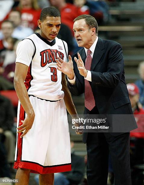 Rebels head coach Lon Kruger talks to Anthony Marshall as the team takes on the San Diego State Aztecs at the Thomas & Mack Center January 13, 2009...