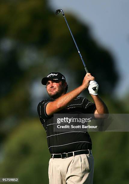 Steven Bowditch of Australia plays an approach shot on the 1st hole during Australasia final qualifying for The Open at Kingston Heath Golf Club on...