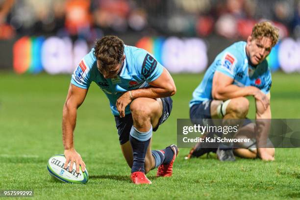 Nick Phipps of the Waratahs reacts during the round 12 Super Rugby match between the Crusaders and the Waratahs at AMI Stadium on May 12, 2018 in...