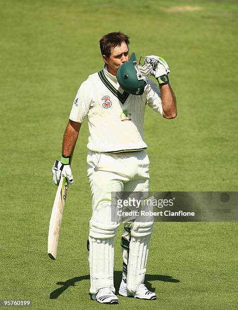Ricky Ponting of Australia celebrates scoring his century during day one of the Third Test match between Australia and Pakistan at Bellerive Oval on...