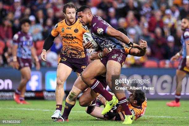 Taniela Paseka of the Sea Eagles takes on the defence during the round ten NRL match between the Manly Sea Eagles and the Brisbane Broncos at Suncorp...