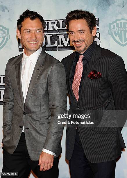 Actors Jude Law and Robert Downey Jr. Arrive at the premiere of ''Sherlock Holmes'' at Kinepolis Cinema on January 13, 2010 in Madrid, Spain.